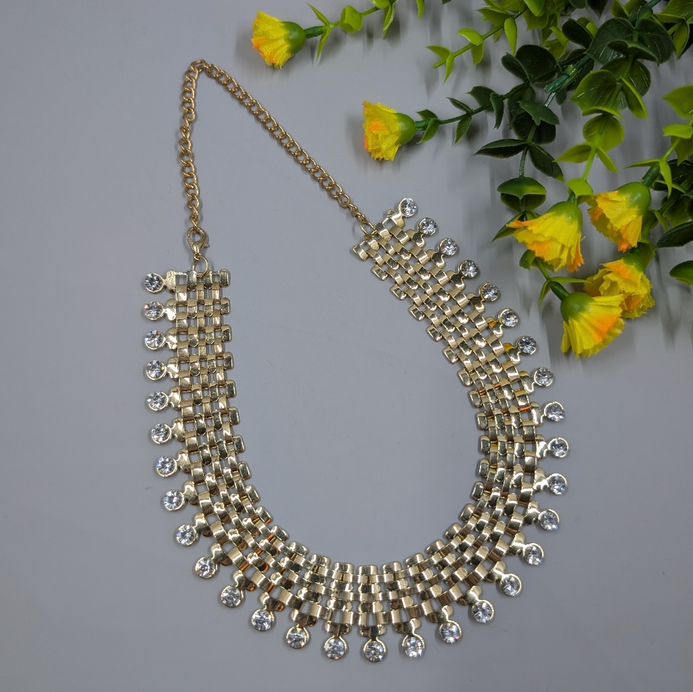 Ornate Gold Plated Panther Link Vintage Statement Necklace With Crystal Accents